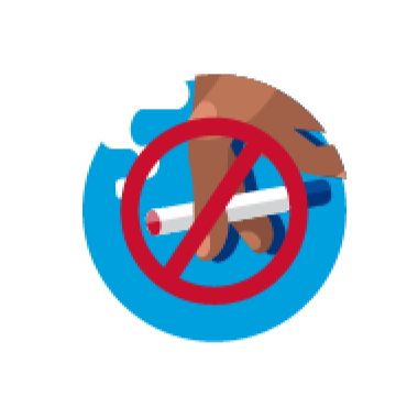 Icon representing hand holding a cigarette covered by a bold and red circle with line through the middle to indicate STOP
