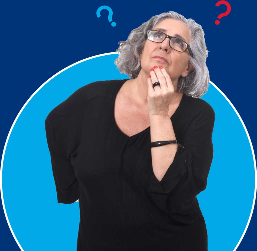 Woman with glasses, thinking intently