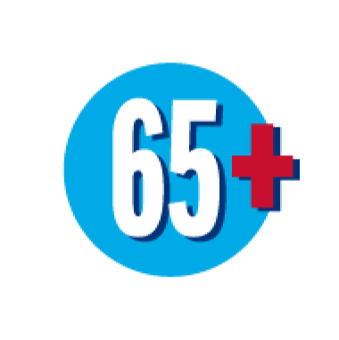 Icon representing the number sixty five and plus sign 