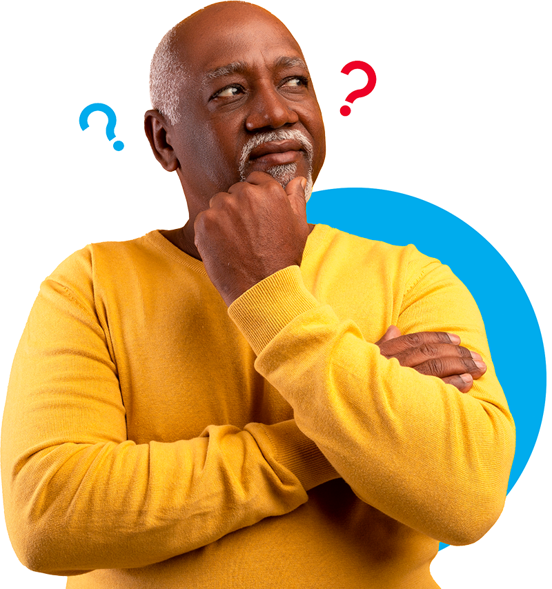 Man thinking with illustrated question marks around head
