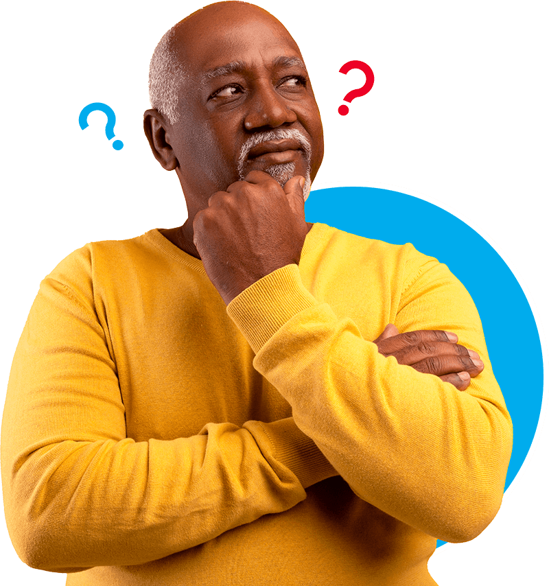 Man thinking with illustrated question marks around head